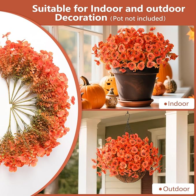 Artificial Fall Flowers for Outdoor, 12 Bundles Faux Pansy Fake Mums Flowers Plants Outdoor Fall Decor, UV Resistant No Fade Silk Flower for Autumn Porch Planter Patio Windowbox Yard Garden(Orange)