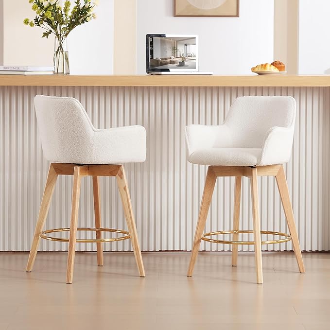 Counter Height Swivel Bar Stools, Boucle Upholstered Bar Stools with Back, Arms, Solid Wooden Legs, 26 Inch Chairs for Kitchen Island, Home Pub, Cafe, 2 Pcs, White