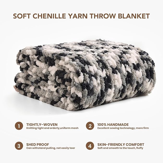 L'AGRATY Chunky Knit Blanket Throw: 50''x60'' Chenille Chunky Knitted Throw Blankets for Bed Couch - Handmade Thick Cable Knit Blanket - Large Crochet Rope Blankets for Home Decor