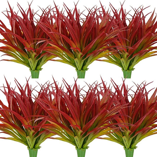 24Pcs Artificial Grass Plant Fake Outdoor Plastic Plants UV Resistant Faux Grasses Greenery Shrubs for Window Box Garden Patio Porch Home Decor Rose Red