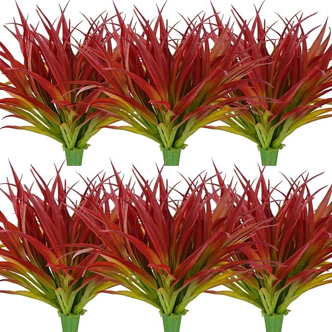 8Pcs Artificial Grass Plant Fake Outdoor Plastic Plants UV Resistant Faux Grasses Greenery Shrubs for Window Box Garden Patio Porch Home Decor Rose Red