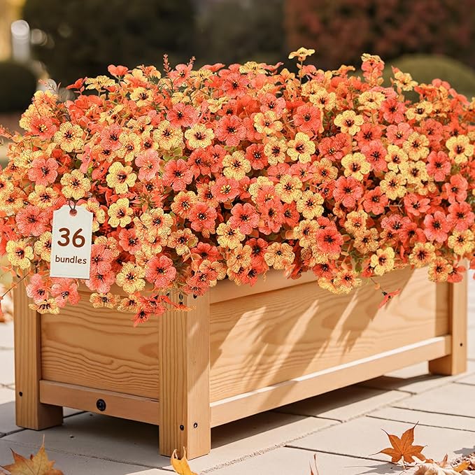 SHareconn 36 Bundles Artificial Fall Flowers for Outdoors Decoration, UV Resistant Silk Eucalyptus Lavender Faux Autumn Fake Plants for Outside Indoor Garden Yard Porch Home Decor, Autumn Orange-Red