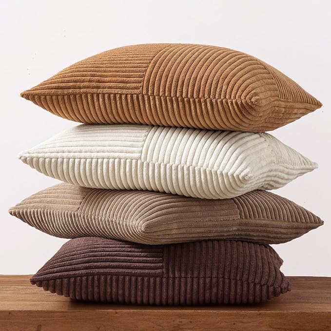 MIULEE Brown Throw Pillow Covers 18x18 Inch Set of 4 Boho Farmhouse Cushion Cases Neutral Gradient Corduroy Pillow Cases with Invisible Zipper Patchwork Home Decor for Couch Sofa Bed