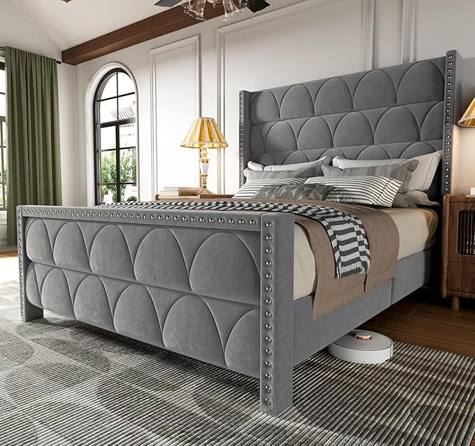 Queen Size Bed Frame with 56" Headboard - 900LBS Capacity Support, Velvet Upholstered Wingback Platform Bed Frame, Noise Free, Sturdy Wooden Slat Support