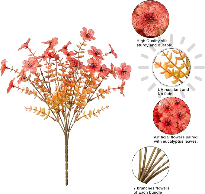 Artificial Fall Flowers Fake Mums for Outdoor Autumn Decoration, 12 Bundles Faux Silk Orange Yellow Mums Daisy Look Real UV Resistant for Outside Home Porch Patio Planter