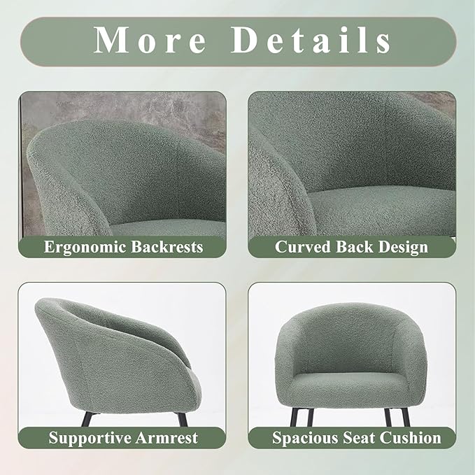 Modern Small Accent Chair Set of 2, Comfy Sherpa Makeup Vanity Chair with Metal Legs, Decorative Chair no Wheels for Living Room, Dressing Room, Bedroom, Green