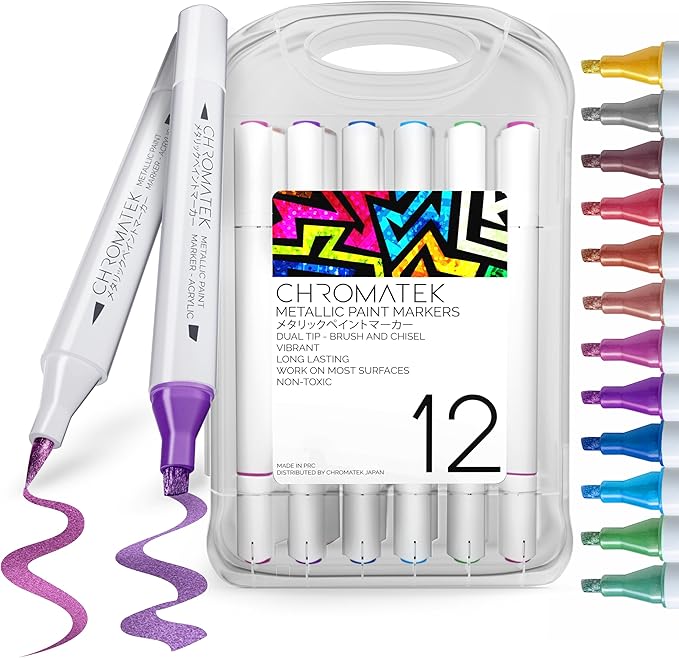 CHROMATEK Dual Tip Metallic Paint Markers - 12 Colors Brush & Chisel Tip Paint Pens for Black Paper, Rock Painting, Scrapbooking, Card Making, Photo Album, Glass, DIY Crafts Art Supplies, Waterproof