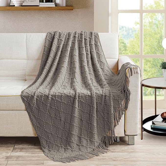 BOURINA Dark Grey Throw Blanket 50 x70 Inches Jacquard Argyle Throw Textured Solid Soft Throws and Blankets for Sofa or Bed Knitted Decorative Blanket