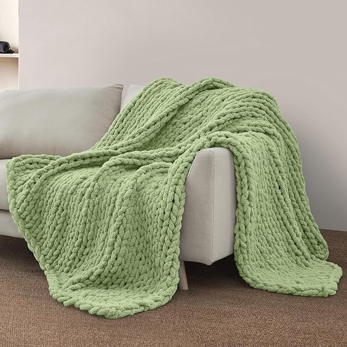 SUNYRISY Chunky Knit Blanket Throw, Luxury Soft Cozy Chenille Throw Blanket, Large Throw Bed Blanket for Couch, Sofa, Home Decor, Gift - Machine Washable, Sage Green