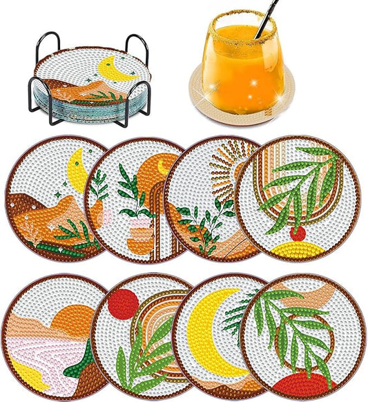 8 PCS Boho Diamond Art Coasters Kits, Diamond Painting Coasters with Holder Set of 8, DIY Drink Coasters Art Crafts Supplies for Adults Cup Mat for Home Decor House Warming Gifts Non-Slip 3.9inch