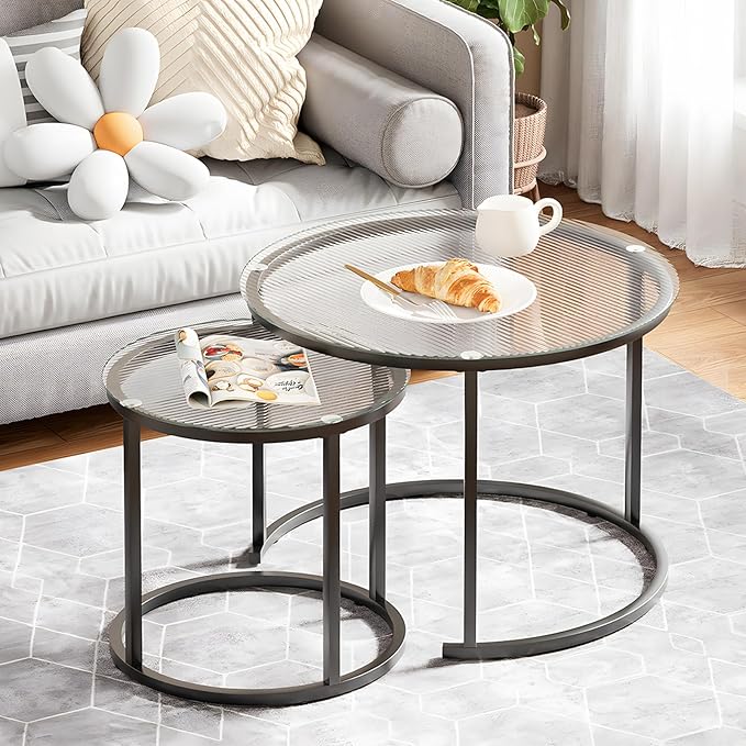 aboxoo Gold Nesting Coffee Table Set of 2, Small Glass Round Nesting Tables for Living Room Bedroom, Accent Tea Table with Black Metal Frame Modern Industrial Simple