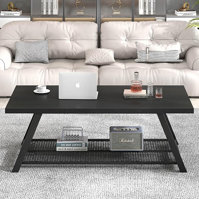 FOLUBAN Black Coffee Table, Modern Rustic Wood and Metal Living Room Table with Storage Shelf, Industrial Rectangle Cocktail Tea Table, 47 Inch