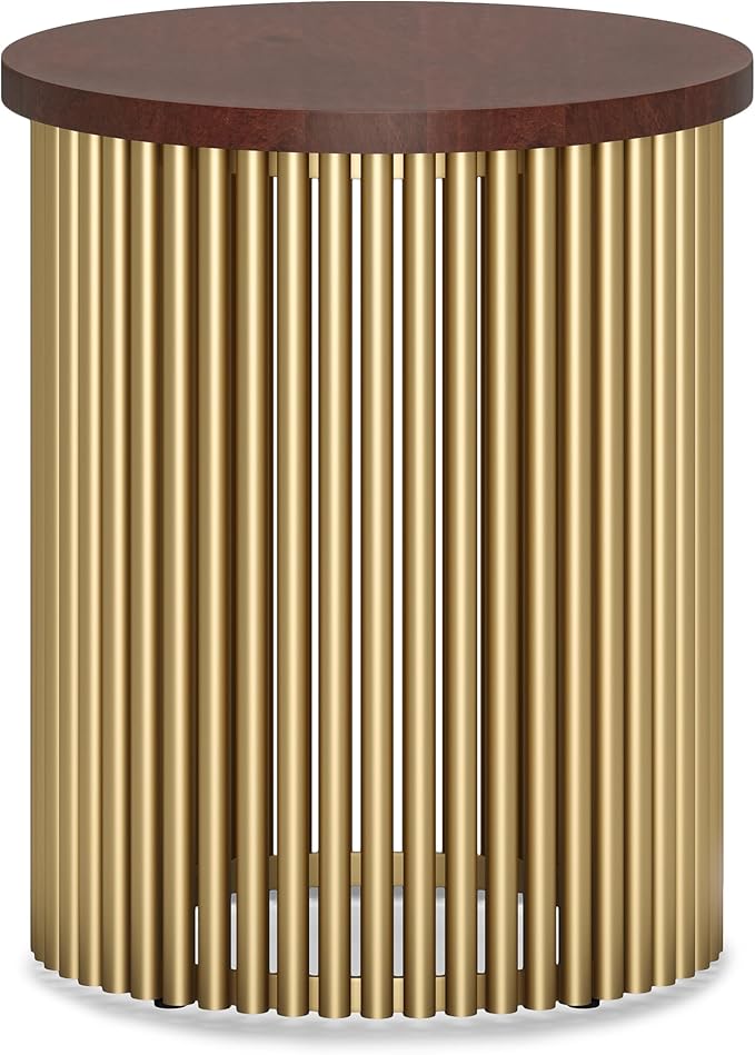 SIMPLIHOME Demy 18-inch Wide Metal and Solid Mango Accent Table in Cognac/Gold, Round Side Table with Mango Wood Top for Living Room or Bedroom, Industrial Style, Assembled