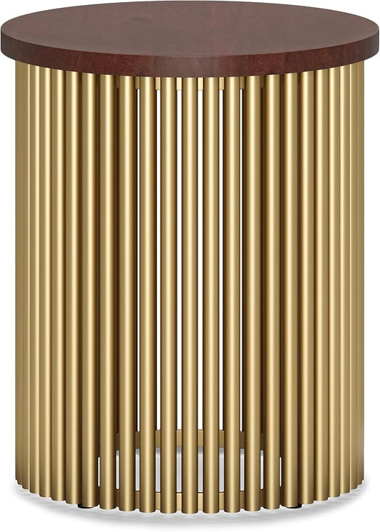 SIMPLIHOME Demy 18-inch Wide Metal and Solid Mango Accent Table in Cognac/Gold, Round Side Table with Mango Wood Top for Living Room or Bedroom, Industrial Style, Assembled