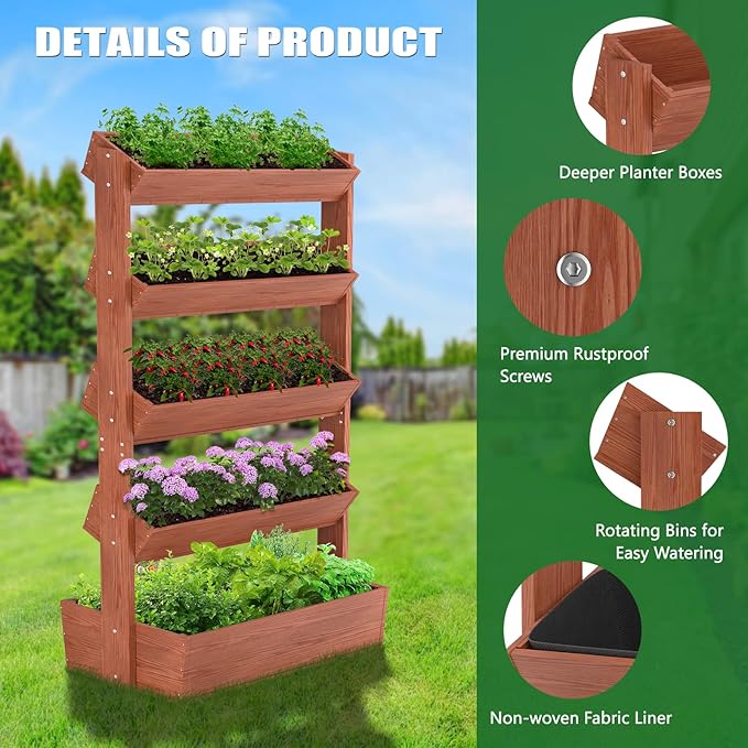 Wooden Vertical Raised Garden Bed, 5 Tier Garden Planters Raised Beds Freestanding Plant Stand Flower Rack Wooden Planter Box for Plants Herbs Flowers Vegetables Outdoor Indoor Gardening