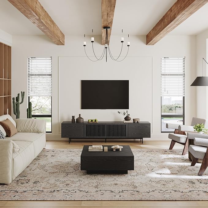 POVISON Full Assembled Mid-Century Modern TV Stand with Slatted Doors, Wood Media Console for 80 85+ Inch TV, TV Console with Tall-cast Metal Legs, Entertainment Center with Storage for Living Room