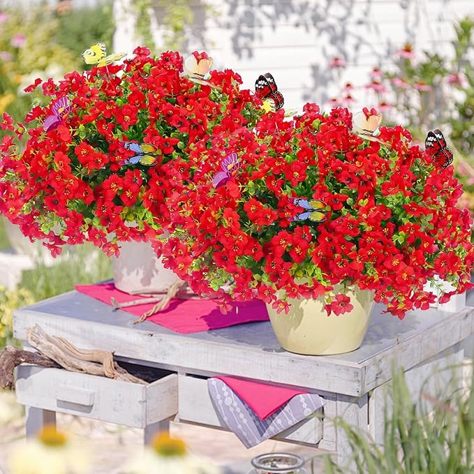 ‌20 Bundles Artificial Flowers for Outdoors‌ with 6 Faux Butterflies, UV Resistant ‌Fake Flowers‌ with Eucalyptus Leaves, ‌Artificial Plants Outdoor‌ for Patio Garden Porch Home Decor (Red)