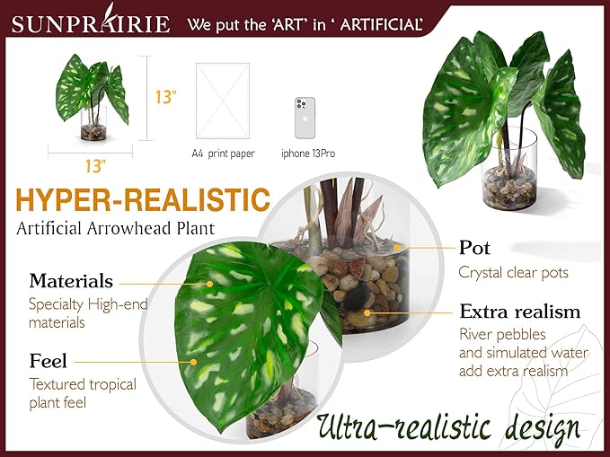 SUNPRAIRIE Tropical Artificial Plant in Clear Pot with Artificial Water, Wide Arrowhead Leaves. Faux Plants Indoor and Outdoor