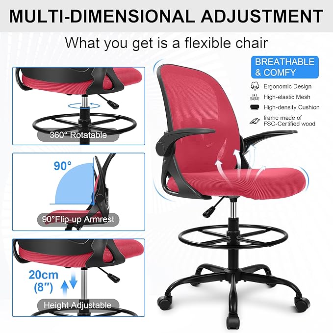 Primy Drafting Chair Tall Office Chair with Flip-up Armrests Executive Ergonomic Computer Standing Desk Chair with Lumbar Support and Adjustable Footrest Ring (Fire Brick)