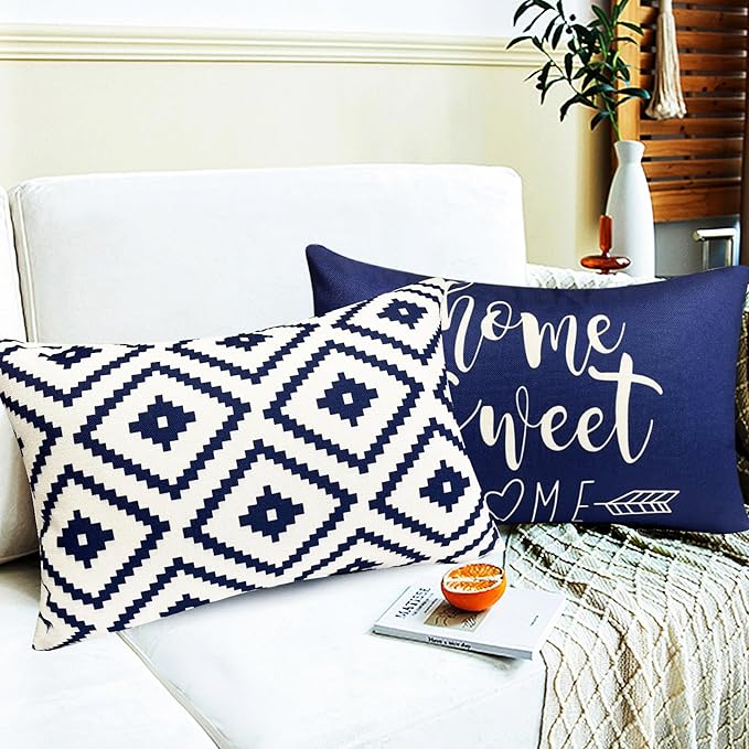 Decorative Throw Pillow Covers Set of 4 Blue Pillow Covers 12x20 inch Throw Pillow Cases Linen Square Pillow Case,Farmhouse Outdoor Modern Geometric Pillow Covers for Couch Sofa Living Room