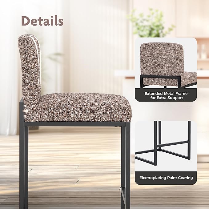 ALPHA HOME 24" Bar Stools Set of 2 Kitchen Counter Stools with Back, Counter Height Stools with Upholstered Footrest for Kitchen Island, Metal Steel Frame, Chenille, Brown