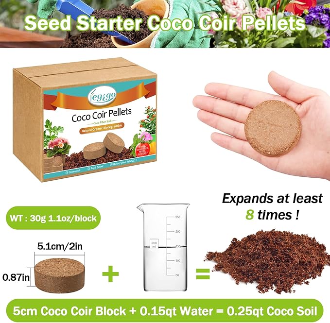 Legigo 100 Pcs 50mm Organic Coco Coir Pellets for Plants - Compressed Coconut Coir Potting Soil, Coco Fiber Pellets for Planting, Garden, Bonsai, Herbs, Flower & Vegetables