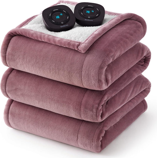 Bedsure Electric Blanket Queen Size - Dual Control Heated Blanket Queen, Fast Heating with 10 Time Settings & 10 Heat Settings, Warm Gift for Grandma (84x90 inches, Woodrose)