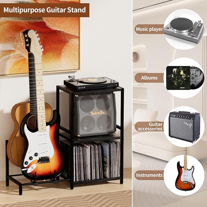 End Table with Guitar Stand,Record Player Stand,Vinyl Records Storage,2-Tier Guitar Stand for Acoustic, Electric Guitar,Bass,Turntable Stand Side Table for Music Room Studio Living Room-Black