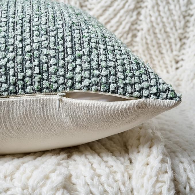 Striped Throw Pillow Covers 16x16 Set of 2 Green Textured Boucle Chic Morden Boho Accent Farmhouse Square Decorative Couch Pillow Covers for Home Decor Bed Sofa Living Room