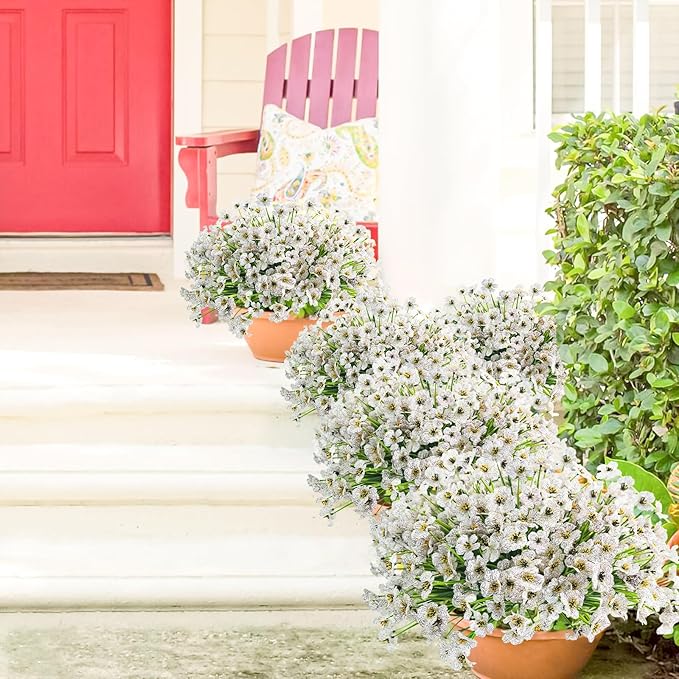 Uieke 16 Bundles Outdoor Artificial Flowers UV Resistant Fake Flowers No Fade Faux Plastic Plants for Garden Porch Window Box Home Outside Hanging Planter Spring Summer Décor (White)