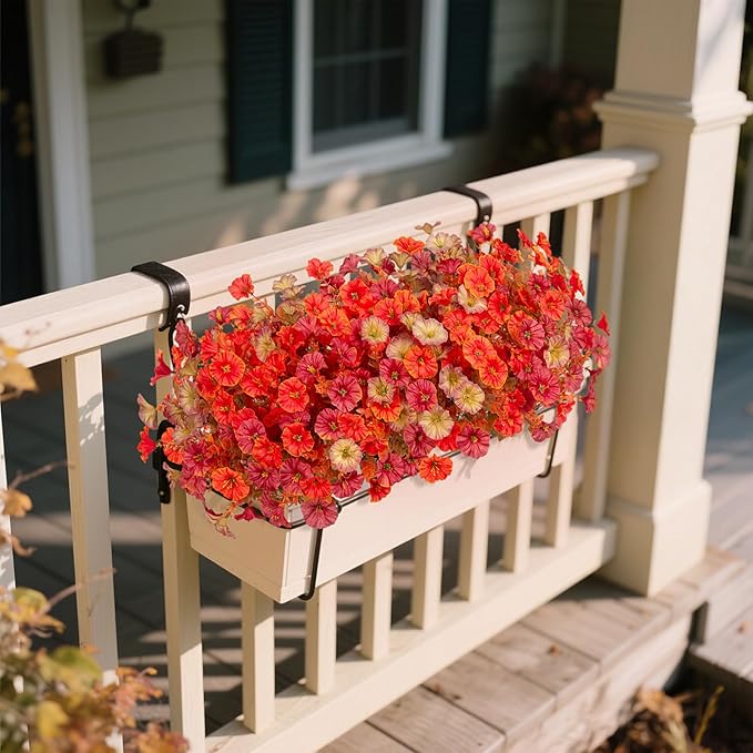 Fall Artificial Flowers for Decoration, 12 Bundles Fake Autumn Flower Plants Petunias, Faux Silk Morning Glory Eucalyptus for Planter Garden Porch Front Door Window Box, Red Orange