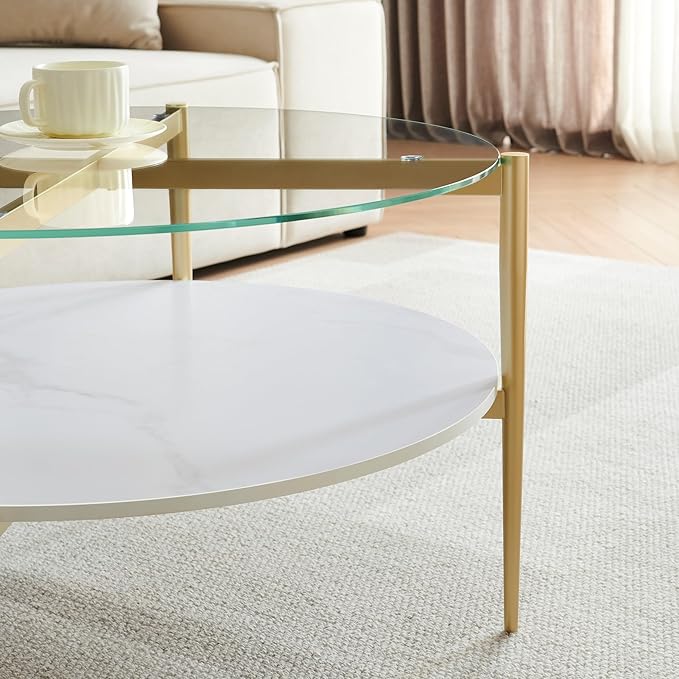 Shrine Modern Coffee Table with Glass Top, Round Table for Living Room, Two-Tier 30-Inch White Wooden Storage Coffee Table, Gold Table Legs Structure & Clear Glass Top