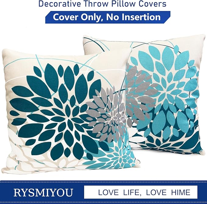 Teal Blue Decorative Throw Pillow Covers 16x16 Inch Pillow Covers for Couch Living Room Bedroom Outdoor.Modern Sofa Throw Pillow Cover.Farmhouse Geometric Floral Linen Square Pillow Case.Set of 2