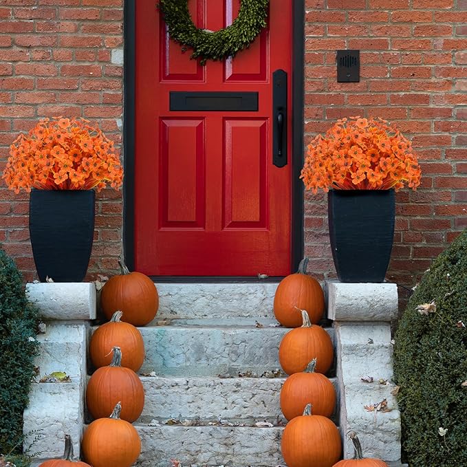 Artificial Flowers 15 Bunches Outdoor UV Resistant Faux Flowers Plastic Fabric Greenery Plants for Hanging Planter Kitchen Home Wedding Office Garden Decoration (Autumn Orange)