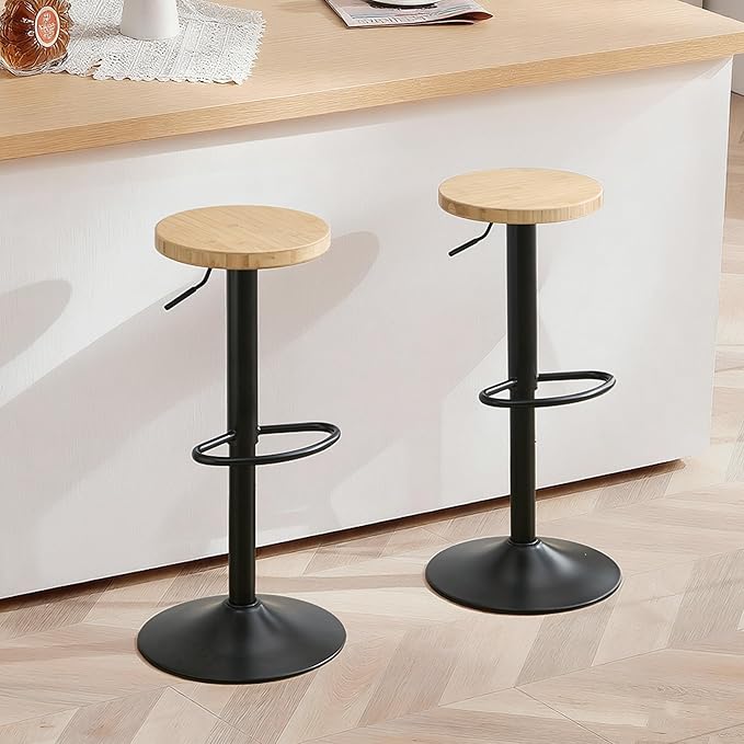 Bamboo Backless Bar Stools Set of 2, Swivel Bar Stools, Adjustable Bar Stools, Modern Bar Stools with Hard Seat, Backless Counter Height Barstools for Kitchen Island, Cafe, Dining Room, Black
