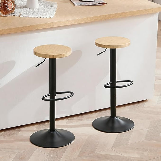 Bamboo Backless Bar Stools Set of 2, Swivel Bar Stools, Adjustable Bar Stools, Modern Bar Stools with Hard Seat, Backless Counter Height Barstools for Kitchen Island, Cafe, Dining Room, Black