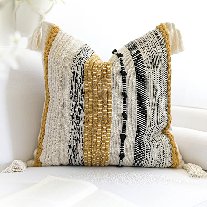 BlissBlush Fall Yellow Mustard Decorative Throw Pillow Cover 20x20 Square Boho Accent Pillowcase Tassels Farmhouse Cushion for Couch Sofa Bedroom Living Room Home Décor Cover ONLY