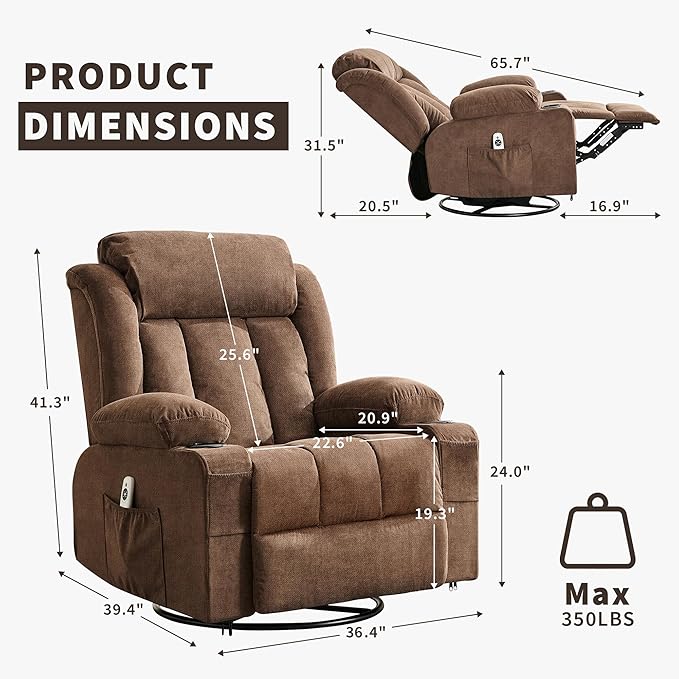 GarveeHome 360° Swivel Rocker Recliner Chair with Heat Massage, Widen Overstuffed Single Sofa Lounge Chair with 3 Positions 2 Side Pockets Cup Holders USB Ports Remote Control Brown