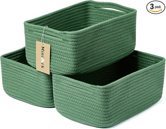 Small Storage Baskets for Organizing | Closet Organizer Bins | Shelf Toy Basket | Woven Rope Baskets | Cube Decorative Box | Shallow Basket | 13x8.5x5.1” | 3 Packs Green