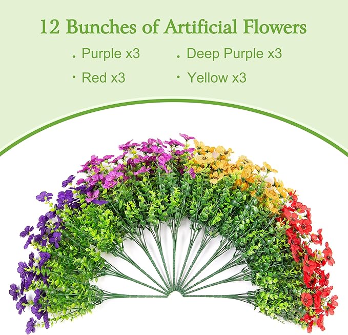 Fall Mums Artificial Flowers for Outdoors Potted, 12 Bundles Fake Fall Daisy Flower with Realistic Eucalyptus Leaves, Fake Plants for Greenery Boxwood Porch Patio Garden Pot Lawn