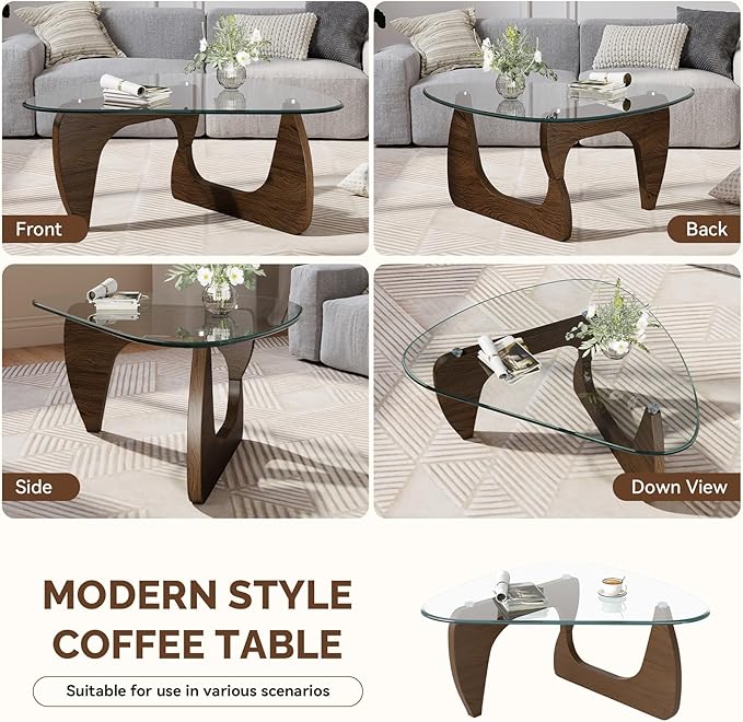 Modern Glass Coffee Table, Triangle Center Table with Tempered Glass Top& Unique Wooden Base, 42.5” Mid Century Tea Tables for Living Room, Apartment, Office,Walnut &Transparent