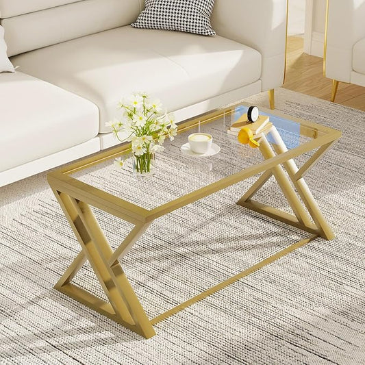 Coffee Table Gold Glass Coffee Table for Living Room,Modern Rectangular Center Table with Sturdy Metal Frame,Tempered Glass Table Tea Tables for Bedroom Home Office