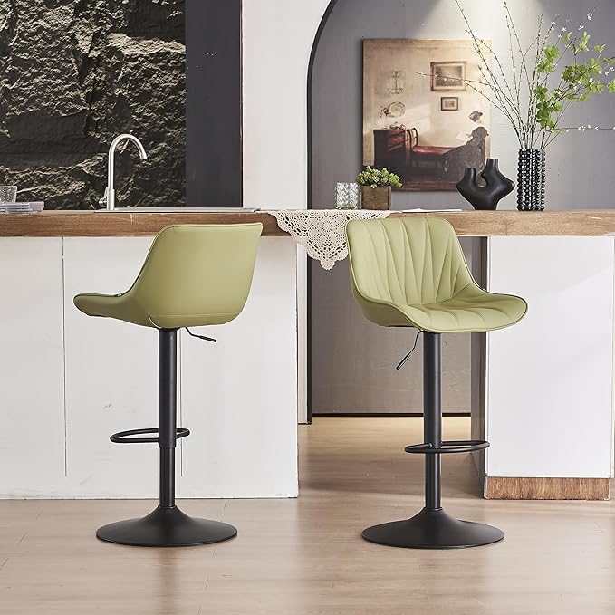 YOUNIKE Bar Stools Set of 2 for Kitchen Island, Grass Green Faux Leather Padded Counter Height Stools, Adjustable Swivel Barstools with Back, Modern Tall Stools with 300LBS Support