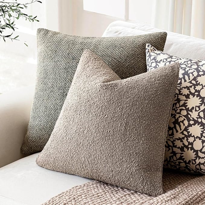 Foindtower Set of 2, Decorative Textured Boucle Throw Pillow Covers Accent Solid Pillow Cases Neutral Soft Cozy Couch Cushion Case for Chair Sofa Bedroom Living Room Home Decor 24x24 Inch Light Taupe