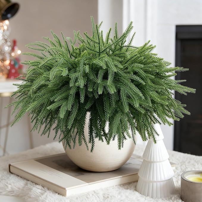 8 Pcs Real Touch Norfolk Pine Branches, 18 Inch Artificial Christmas Green Plants Branches Faux Greenery Stem Fake Cedar Pine Picks for Vase DIY Crafts Garland Wreath Xmas Indoor Outdoor Home Decor