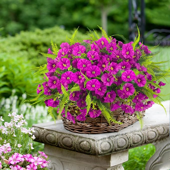 Artificial Flowers Outdoors 12 Bundles Artificial Petunias Fake Flowers UV Resistant Shrubs Plants with Fern for Indoor Outside Hanging Planters Home Garden Summer Decorations (Magenta)