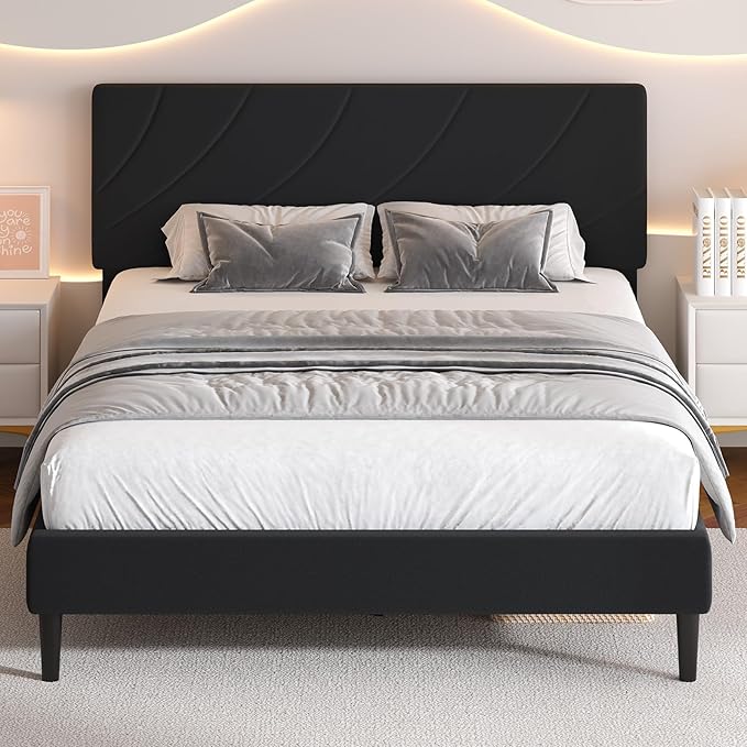 HOMBCK Queen Size Bed Frame with Adjustable Headboard, Queen Bed Frame with Linen Fabric Upholstered, Strong Wooden Slats, No Box Spring Needed, Noise Free, Easy Assembly, Black