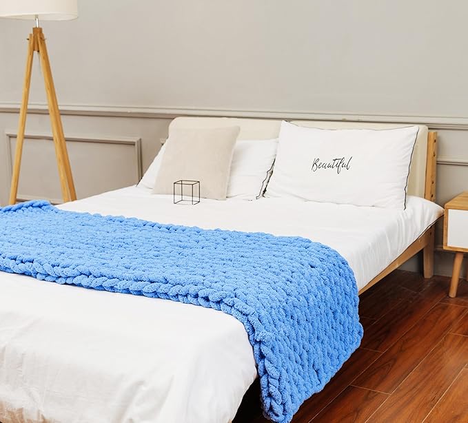 clootess Chunky Knit Blanket Chenille Throw - Warm Soft Cozy for Sofa Bed Boho Home Decor (Blue 40x60 in)