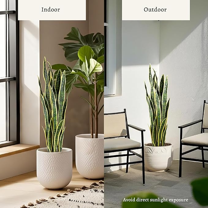 KOL 3ft Artificial Snake Plant, Fake Sansevieria Potted Floor Plants, 32 Lifelike Faux Leaves, Indoor Home Office Room Decoration, Mother-in-Law Tongue, 35in, Yellow