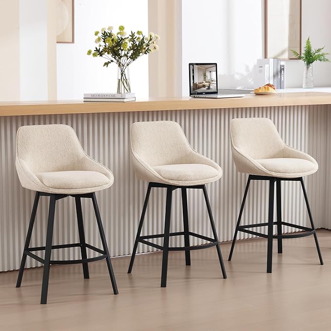 Zesthouse Swivel Bar Stools Set of 3, Modern Counter Height Barstools with Backs, 26'' Upholstered Linen Fabric High Chairs for Island Kitchen, Counter Height Chairs with Metal Legs, Beige